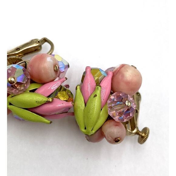 VENDOME Enamel & PINK Rhinestone FLOWER Clip Earrings Clip Ons Vintage Signed - Picture 2 of 7